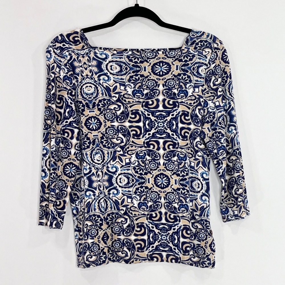 Chicos Blue Tan Paisley Medallion Supima Cotton BoatNeck 3/4 Sleeve Top Size 1 M
